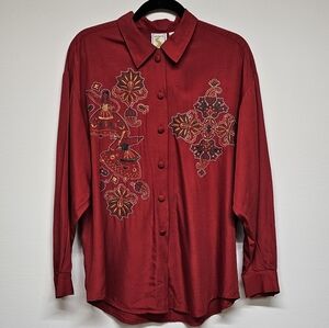 Vtg 90s Ascenté Sport Embroidered Senorita Red Button Up, Size L, Rayon